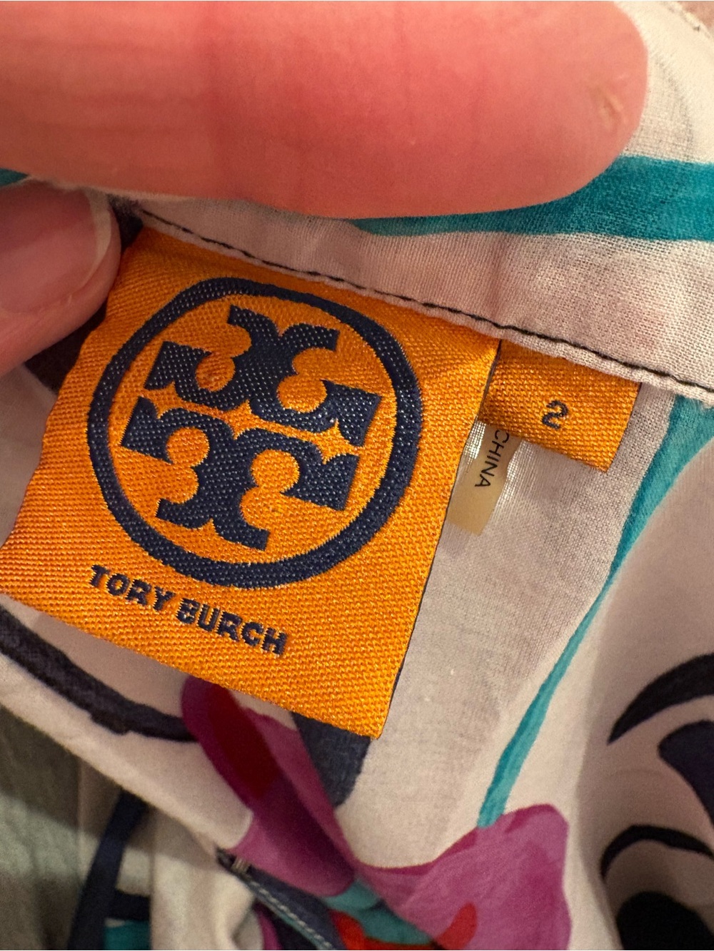 Tory Burch White Tunic with Teal & Purple Floral Accents and Orange Logo Tag